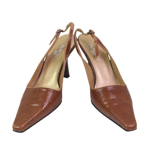 Pancaldi BROWN REAL LEATHER SNAKE MID HEEL POINTED BUCKLE SLINGBACK SHOES Sz 8B - Picture 6 of 12